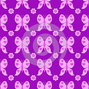 Seamless pattern with pink butterfly dragonfly with hearts on wings on purple. Endless print with different insects and flowers