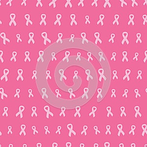 Seamless pattern with pink cancer ribbons. Breast Cancer Awareness Month pink background. Cancer ribbon symbol. Cancer prevention