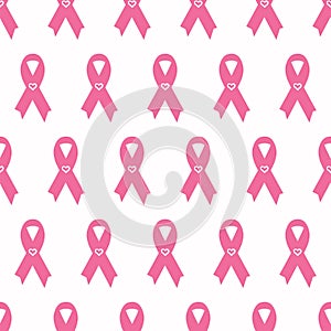 Seamless pattern with pink cancer ribbons. Breast Cancer Awareness Month pink and white background. Cancer ribbon symbol. Cancer