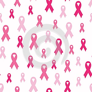 Seamless pattern with pink cancer ribbons. Breast Cancer Awareness Month pink and white background. Cancer ribbon symbol. Cancer