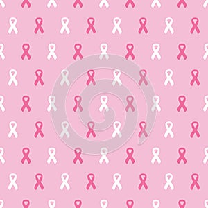 Seamless pattern with pink cancer ribbons. Breast Cancer Awareness Month pink and white background. Cancer ribbon symbol. Cancer