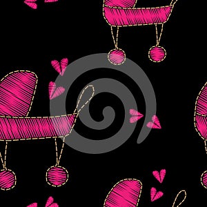 Seamless pattern with pink carriage embroidery stitches imitation on the black background