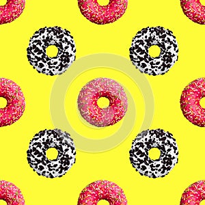 Seamless pattern pink and chocolate donuts on yellow background isolated top view, colorful donut repeating ornament, wallpaper