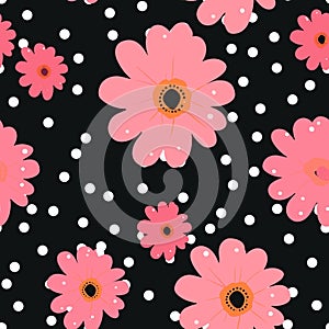 Seamless pattern with pink daisies on a black background. Generative AI