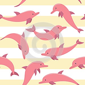 Seamless pattern with pink dolphins. vector