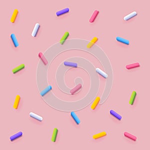 Seamless pattern of pink donut glaze with many decorative sprinkles. Vector background made with gradient meshes. Background