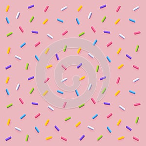 Seamless pattern of pink donut glaze with many decorative sprinkles. Vector background made with gradient meshes. Background