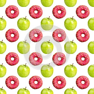 Seamless pattern pink donuts and green apples isolated, white background, healthy food vs junk food concept, cakes or fruits diet