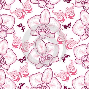 Seamless pattern with pink dotted moth Orchid or Phalaenopsis and ornate butterflies on the white background.