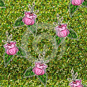 Seamless Pattern - Pink exotic flower on green glitters background