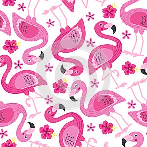 Seamless pattern with pink flamingo