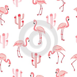 Seamless pattern with pink flamingo bird and cactus