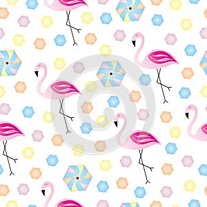 Seamless pattern with pink flamingo and colorful shapes vector