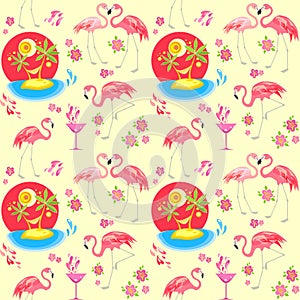 Seamless pattern with pink flamingo, Plumeria flowers, palm trees, wineglass with cocktail for fashion print and wrapping paper