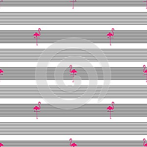 Seamless pattern with pink flamingo on stripy background. Lines wallpaper, good for printing and fabric