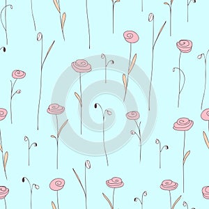 Seamless pattern with pink flowers. Blue background with stylized roses.