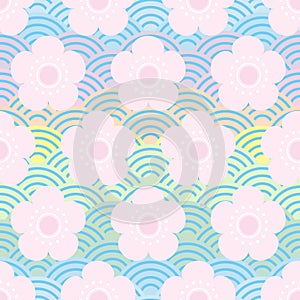 seamless pattern pink flowers japanese cherry blossoms on blue rainbow background. Asian simple ornament, oriental style scales,