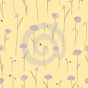 Seamless pattern with pink flowers. Yellow background with styliized roses.