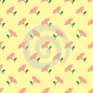 Seamless pattern with pink flowers on yellow background; vector illustration.