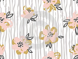 Seamless pattern with pink and gold flowers on the striped background.