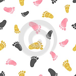 Seamless pattern with pink and golden baby footprints.