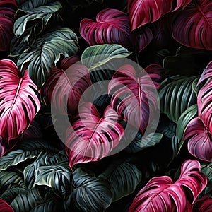 seamless pattern with pink green monstera leaves on black jungle forest background. Tropical texture ornament for fabric