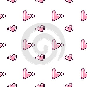 Seamless pattern with pink hearts in doodle style on white background