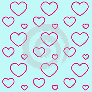 Seamless pattern with pink hearts on light blue background