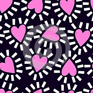 Seamless pattern with pink hearts shining. Creative monochrome love texture. Vector illustration