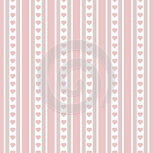 Seamless pattern with pink hearts and white stripes.