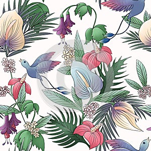 seamless pattern with pink, hibiscus, yellow and blue anthurium, with green leaves, with bird of paradise, tropical