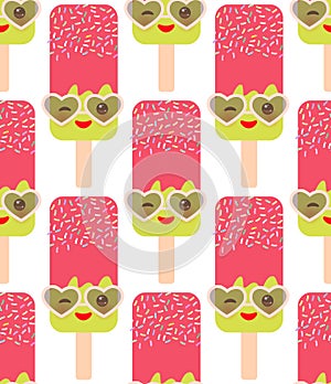seamless pattern pink ice cream, ice lolly with sprinkles. Kawaii with pink cheeks and eyes, Sunglasses, pastel colors on white