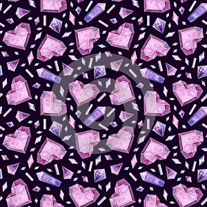 Seamless pattern with pink Icy hearts and crystals.