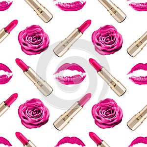 Seamless pattern pink kiss print, lipstick, rosa flower white background isolated, roses flowers, golden lipsticks, lips makeup