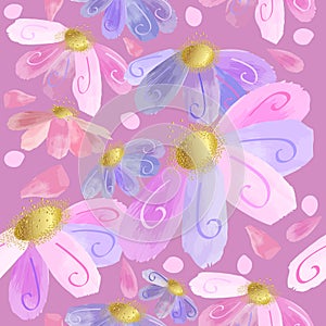 Seamless pattern with pink and lilac fun flowers with gold centers - vector floral pattern