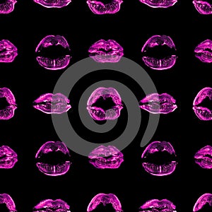 Seamless pattern pink lipstick kiss print black background isolated, purple sexy lips makeup stamp repeating ornament, red kisses photo