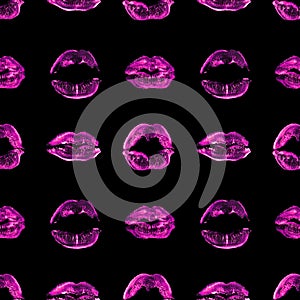 Seamless pattern pink lipstick kiss print black background isolated, purple sexy lips makeup stamp repeating ornament, red kisses