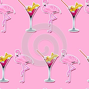 Seamless Pattern - Pink Martini cocktail Glass and Pink Flamingo On a pink background