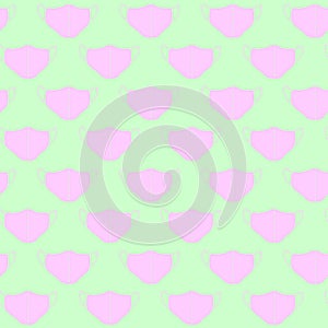 Seamless pattern with pink medical face masks isolated on green background. Virus protection, quarantine. Coronavirus pandemic.