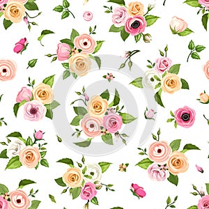 Seamless pattern with pink, orange and white roses, lisianthuses, anemones and ranunculus flowers. Vector illustration. photo