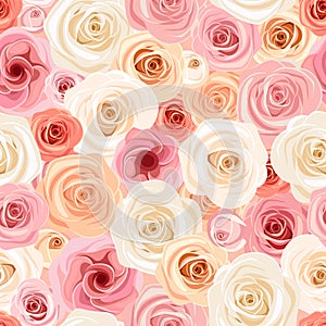 Seamless pattern with pink, orange and white roses. Vector illustration.