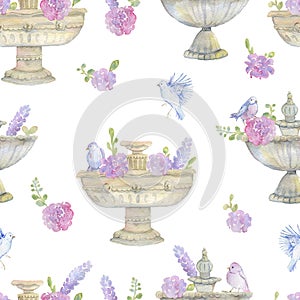 Seamless pattern with pink peonies, roses, birds and antique garden urns. Romantic flowers and vintage sculpture. Gentle backgroun