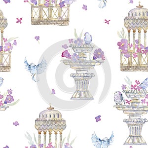 Seamless pattern with pink peonies, roses, birds and antique garden urns. Romantic flowers and vintage sculpture. Gentle backgroun