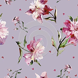 Seamless pattern with pink peonies and small hearts. Watercolor painting.
