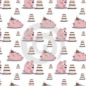 seamless pattern pink pig lies on its back gorged on cake the other is just planning to eat it