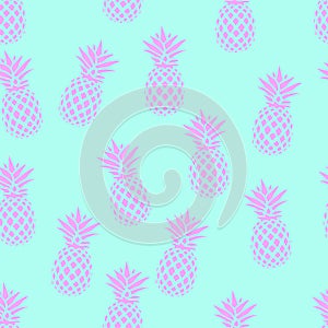 Seamless pattern with pink pineapples on a blue background. Vector illustration. Exotic summer print. Colorful gradient fruit patt