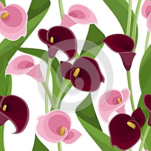 Seamless pattern with pink and purple calla lilies