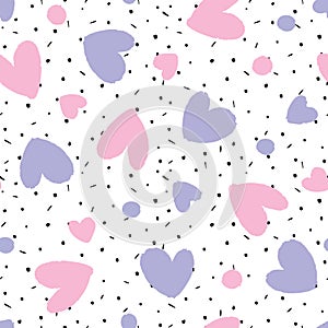 Seamless pattern pink and purple hearts on dots and dashes