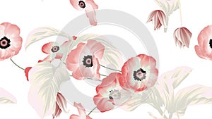 Seamless pattern, pink and red anemone flowers, Medinilla magnifica flowers with leaves on white background