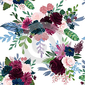 Seamless pattern with pink red burgundy marsala Navy Blue flowers and leaves floral  feathers pattern for wallpaper